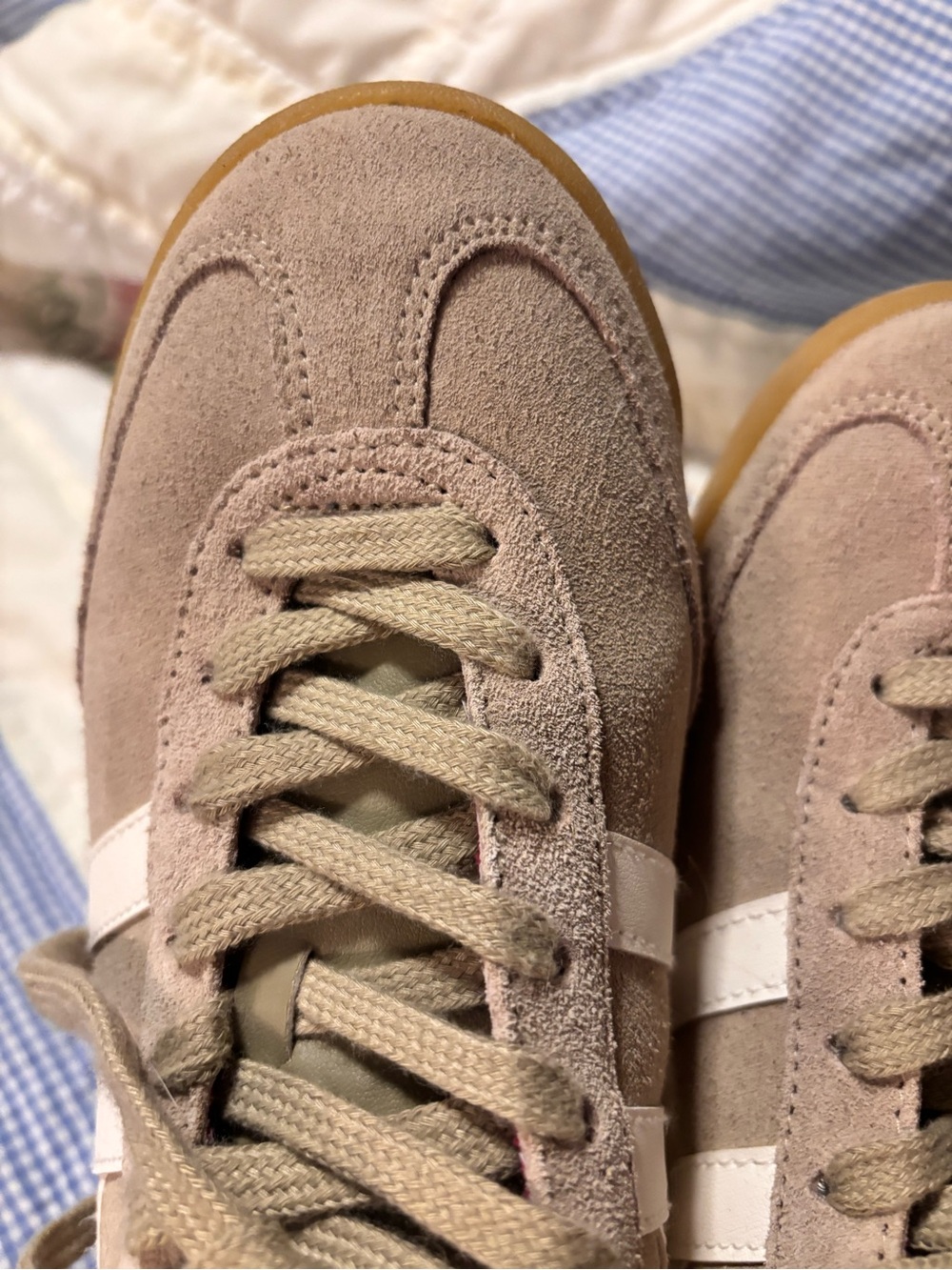 Gola Beige Suede Retro Trainer with White Stripes and Gum Sole - Picture 3 of 8